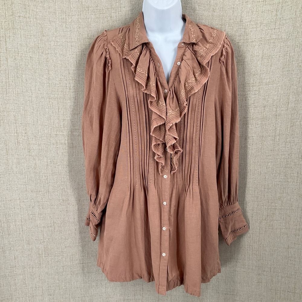 Free People Tunic Top Womens XS Mauve Cotton Boho Ruffle Pintuck Victorian